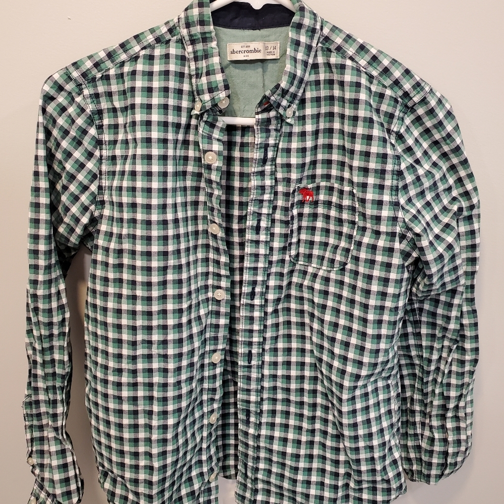 Abercrombie Button Down Boys 13/14 Green White Black Plaid